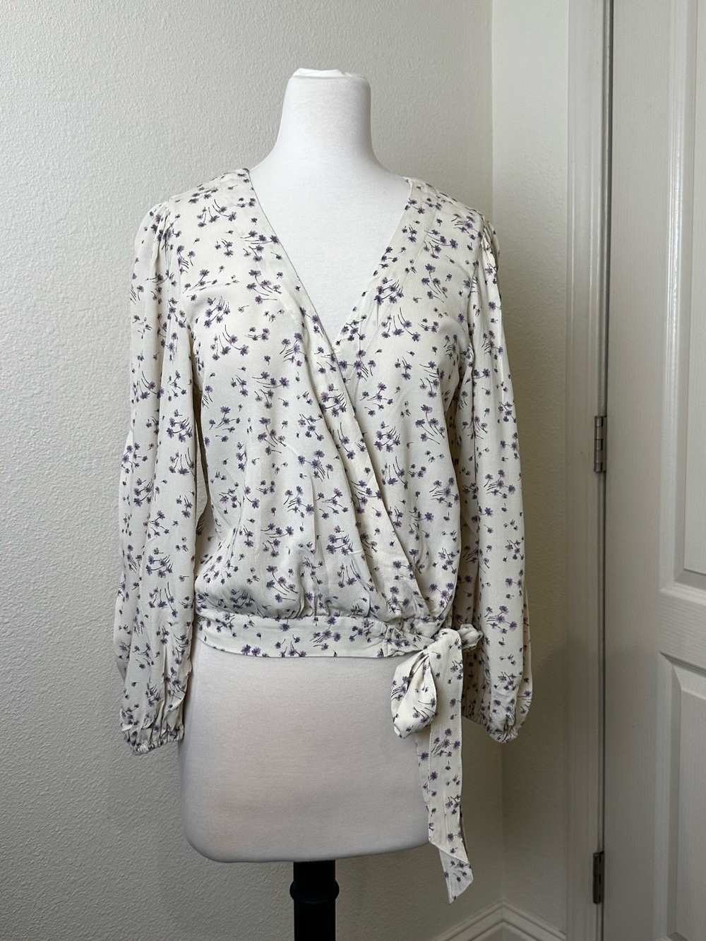 American Eagle Outfitters Cream Wrap Blouse with Small Lavender Floral Print
